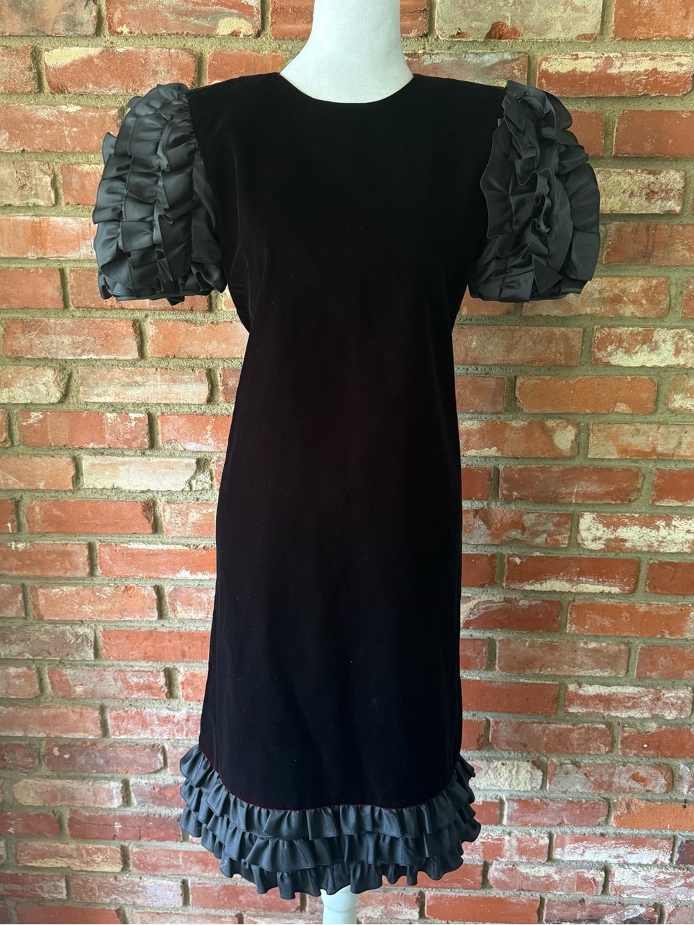 Maggy London Black Velvet Midi Dress with Ruffled Puff Sleeves